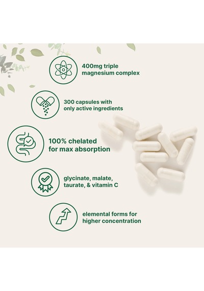 Pure Triple Magnesium Complex Glycine + Malate + Taurate & Vitamin C / 400 Mg 300 Softgels