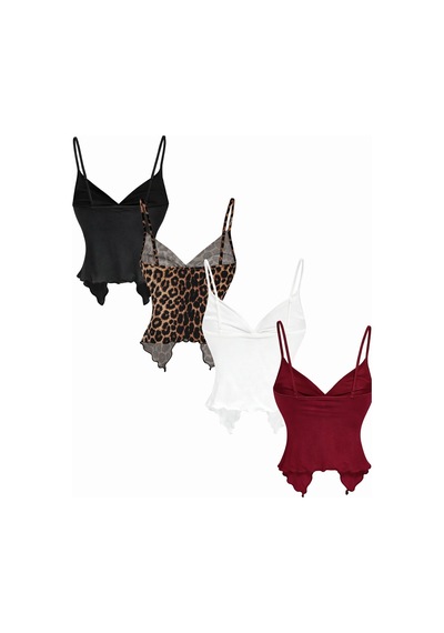 Wild Flower Leoparlı 4lü Set Ön Büküm İnce Askılı Alaçatı Crop Çok Renkli