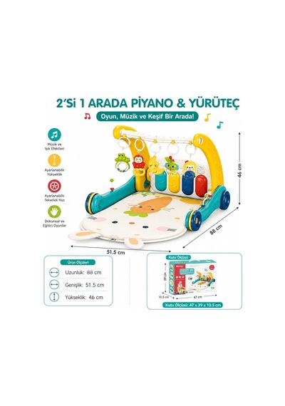 Piyanolu 2'si 1 Arada Bebek Yürüteci Ve Tavşan Desenli Mavi Oyun Halısı, Müzikli Aktivite Oyuncağı Bıb-6015