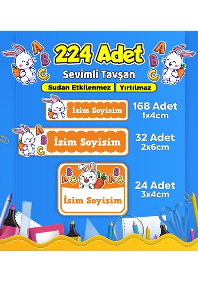 Sevimli Tavşan Temalı Okul Kreş Kişiye Özel İsim Etiket Seti - Model 578 Çok Renkli