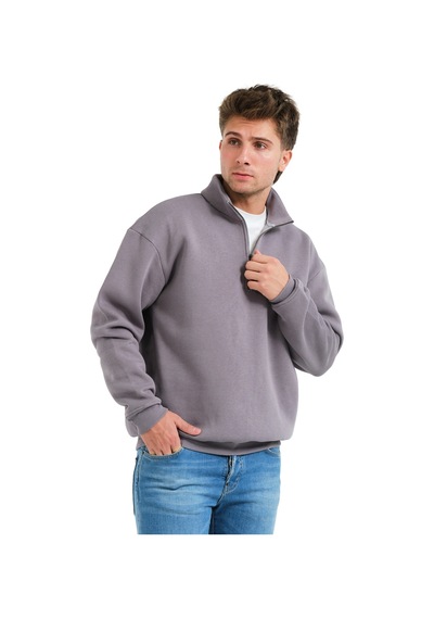 Justever Regular Fit Dik Yaka Yarı Fermuarlı Şardonlu Gri Erkek Sweatshirt - Prime Gri