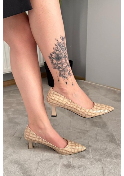 Preshley Kadın Sity Bej Kroko 6 Cm İnce Topuklu Stiletto Bej