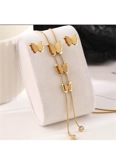 Kelebek Kolye Küpe Çelik Takı 354 Gümüş - Rose Gold