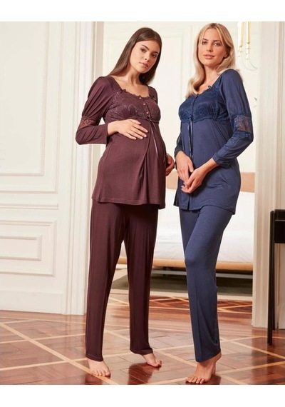 Bone Club Birolgaye 4804 Lacivert Hamile Lohusa 3'lü Pijama Sabahlık Tk 001