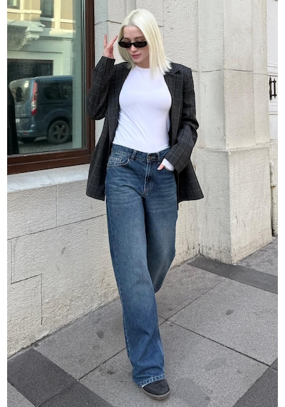 Mavi %100pamuklu Geniş Paça Kadın Wide Leg Jean Mg2623 Mavi