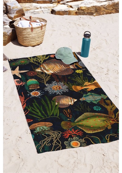Deniz Altı Mercan Balık Temalı Plaj Havlusu - Marine Vintage Lacivert Havuz Mikrofiber Havlu Çiy Çiçeği
