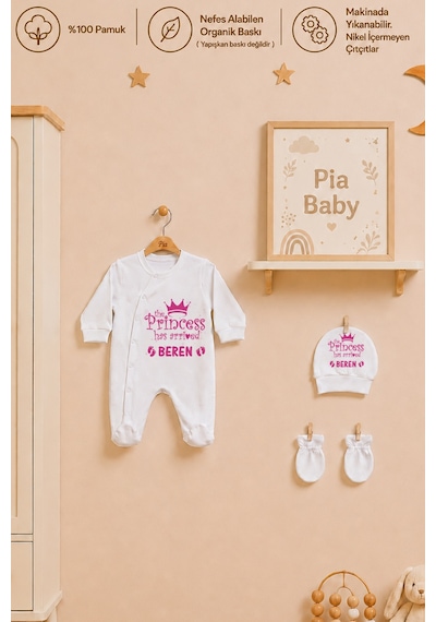 Pia Baby Kız Bebek Yeni Doğan Tulum Seti 4 Lü %100 Pamuk İsimli Organik Baskılı Battaniyeli 2032btyx Ekru