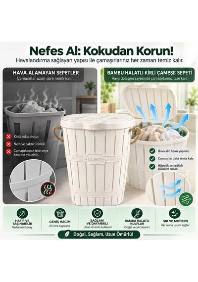 65 L Bambu Halat Kulplu Kirli Çamaşır Sepeti Kapaklı Plastik Gövde 58 X 45 X 35 Cm Havalandırmalı Çamaşır Saklama Sepeti Beyaz Çok Renkli