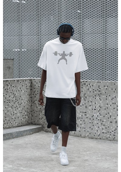 Özel Tasarım Squat Yazılı Sırt Baskılı Unisex Oversize Sporcu Fit Beyaz