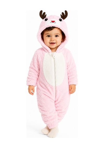 Tatlı Geyik Desenli Welsoft Bebek Tulumu Kapüşonlu Peluş Fermuarlı Kışlık Unisex Bebek Tulumu Pembe