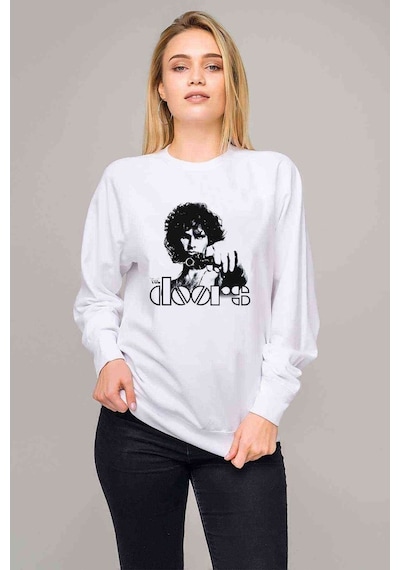 The Doors Solist Baskılı Beyaz Kadın Sweatshirt