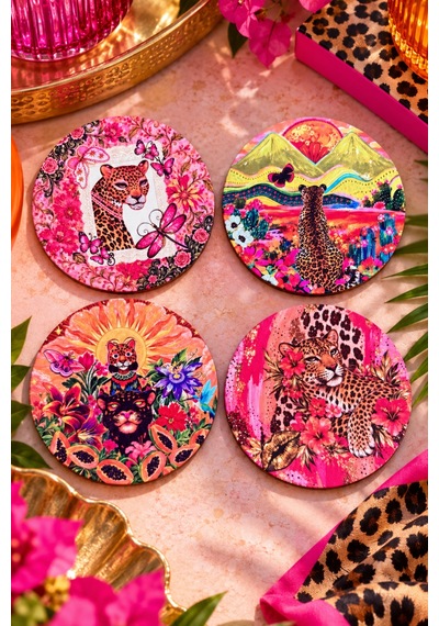 Leopar Desenli Tropikal Pop Art & Maksimalist Dekor Temalı, 4 Lü Bardak Altlığı Set 9 Cm, 3 Mm Ahşap Mdf, Dijital Baskı - 934189246 Diğer