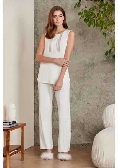 Pierre Cardin 2800 Kadın Ekru Dantelli Penye 3'lü Sabahlıklı Pijama Takım Ekru