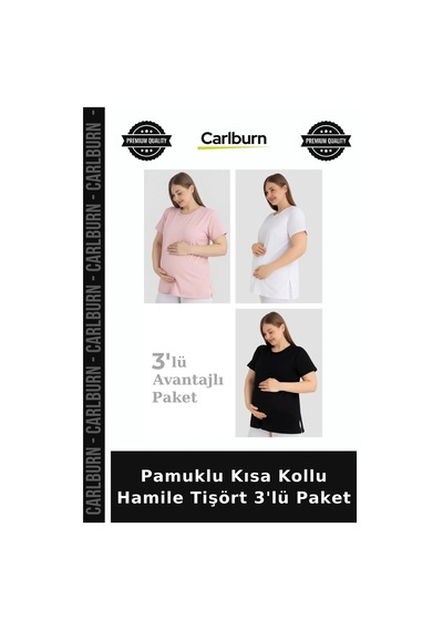 Carlburn Özel Üretim Pamuklu Kısa Kollu Hamile Tişört 3'lü Paket Yazlık Esnek Günlük Pembe Beyaz Siyah