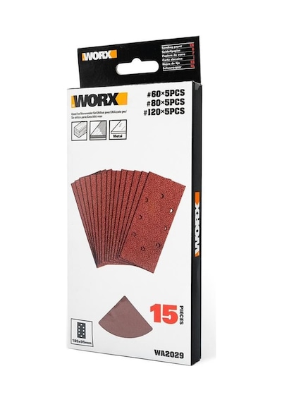 Worx Wa2029 185x95mm 60, 80, 120 Kum, 15 Adet Cırtlı Universal Zımpara Kâğıdı Seti Fr Wa2029