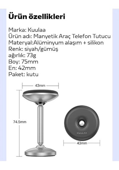 Kuulaa Güçlü Mıknatıslı Manyetik Standlı Cep Telefon Araç Tutucu- 5775
