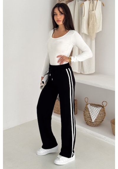 Kadın Çizgili Bağcıklı Bol Paça Eşofman Altı & Pantolon Sportif & Günlük Konfor Siyah