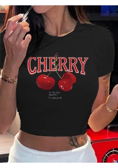 Defymoda Kadın Kısa Kollu Bisiklet Yaka Desenli Krop Bluz Siyah