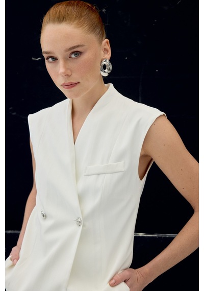 Sateen Anna Çizgili Yelek - Ekru-137103 Ekru