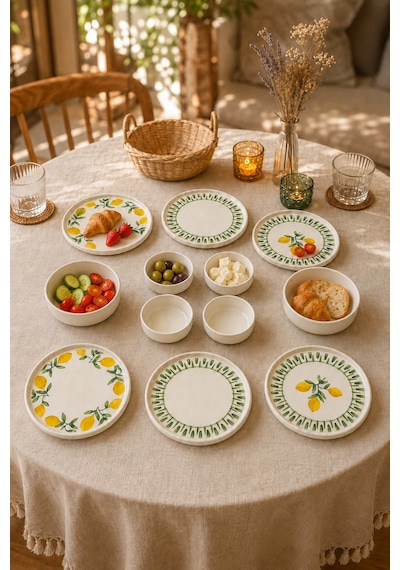 Yeşil Limon 12 Parça 6 Kişilik Handmade Stackable Seramik Tabak Seti Premium Sunum & Kahvaltı Takımı Beyaz