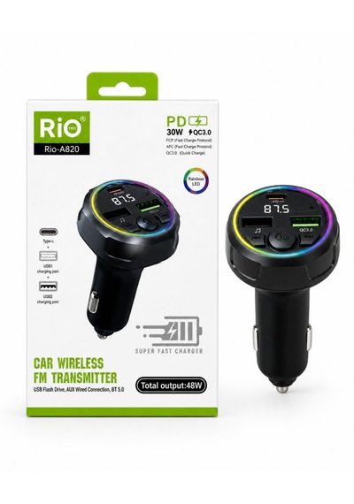 Rio Tech Araç Fm Vericisi Bluetooth 5.0 Type-c Qc3.0 Hızlı Şarj 48w Çift Usb