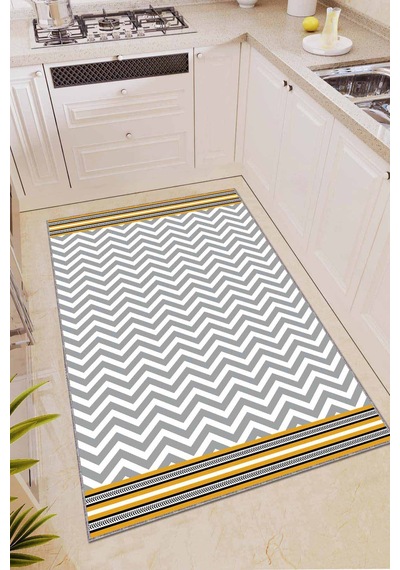 Sarı Kaymaz Tabanlı Yıkanabilir Zigzag Mutfak Halısı Ar447