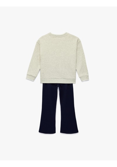 Baskılı Uzun Kollu Şardonlu Sweatshirt Ve İspanyol Paça Pantolon Takımı - 2'li Set