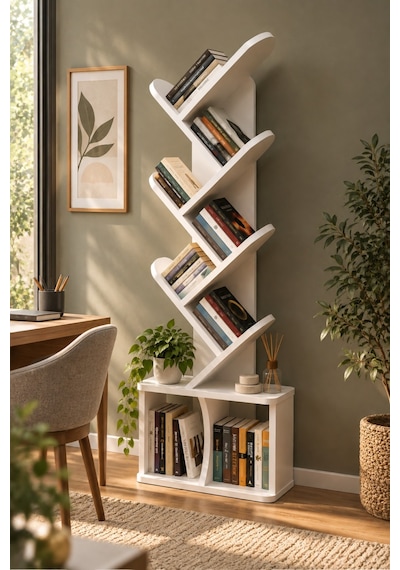 Sulorahome Yaprak Tasarımlı Beyaz Kitaplık 45x132 Cm Antrasit