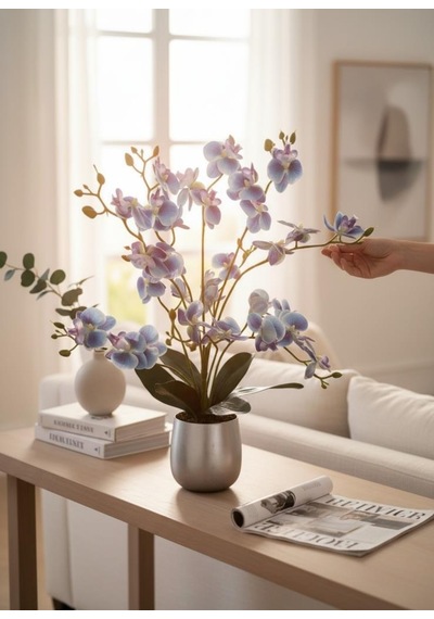 Yapay Çiçek Mavi 9 Dallı Islak Orkide Gümüş Metal Saksıda Saksıda Orkide 60cm Mavi