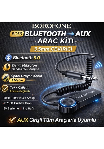 Borofone Bc56 Araç İçi Bluetooth To Aux 3.5mm Çevirici Araç Kiti Mikrofonlu