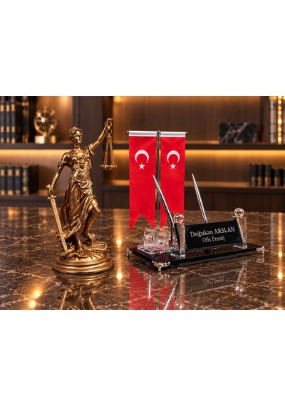 Kişiye Özel 3 Lü Kristal Masa Seti Türk Bayraklı, Adalet Heykelli, Kalemlikli İsimlik Gold - Siyah