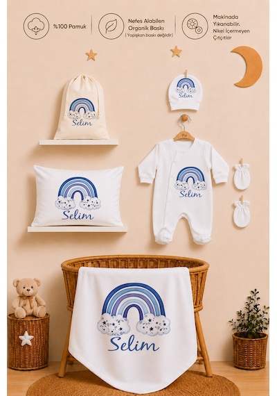 Pia Baby İsme Özel %100 Pamuk Erkek Bebek Yastık Battaniyeli Tulum Set Kese Hediyeli 1101tybkyx Krem