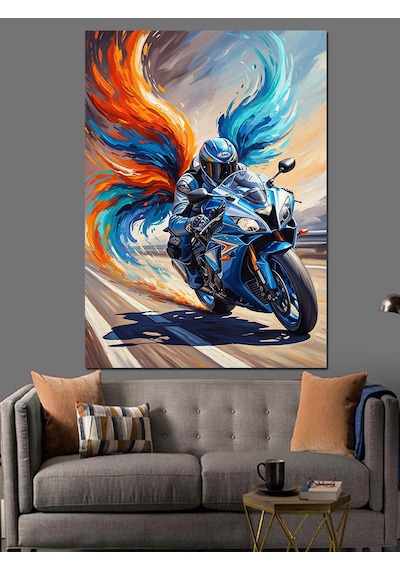 Ahşap Tablo Motosikletli Alevli Savaşçı Çizimi