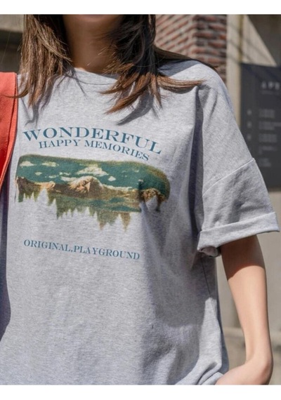 Kadin Gri Oversize Wonderful Baskılı T-shirt Gri-67865