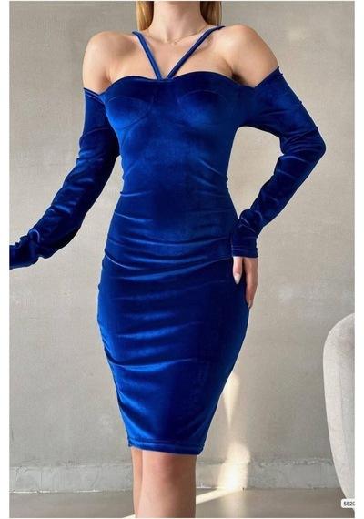 Lior Design Kadın Vintage Kalp Yaka Balık Kesim Uzun Kollu Abiye Elbise Saks
