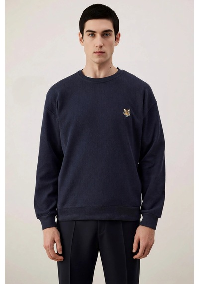 Benerly Erkek Bisiklet Yaka Standart Kol Oversize Waffle Dokuma Sweatshir Lacivert