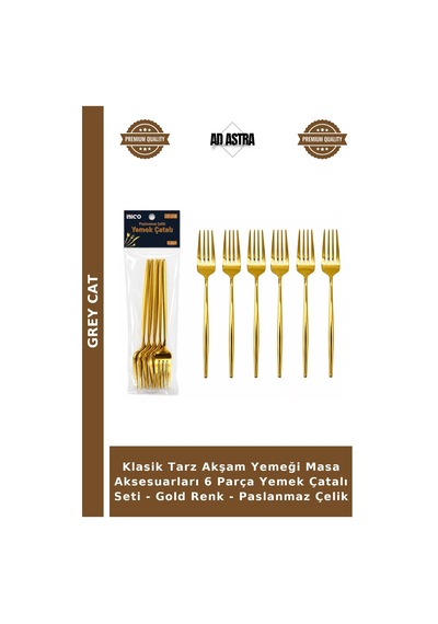 Klasik Tarz Akşam Yemeği Masa Aksesuarları 6 Parça Yemek Çatalı Seti - Gold Renk - Paslanmaz Çelik Çok Renkli