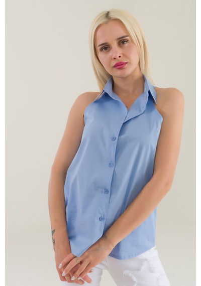 Bold & Young Kadın Mavi Kolsuz Omuz Açık Likralı Poplin Gömlek 9208 Mavi