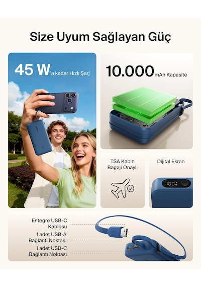 Ultracharge 10000 Mah Usb-c Kablolu Ve Ekranlı Power Bank, Mavi