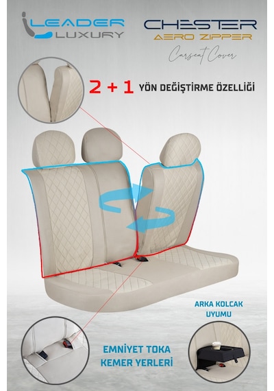 Fiat Linea Dynamic Uyumlu Lüx Yarı Deri Oto Koltuk Kılıfı Ön Arka Takım Chester Bej
