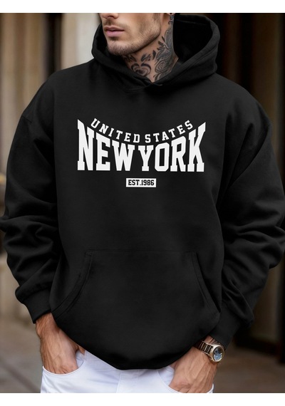Startmore Startmoreamerika Birleşik Devletleri New York Est 1986 Baskılı Erkek Sonbahar Polar Kapşonlu Kazaklar Siyah