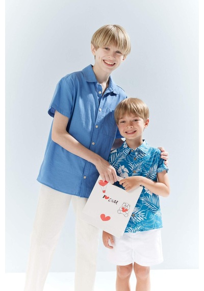 Defacto Erkek Çocuk Oversize Geniş Kalıp Polo Yaka Kısa Kollu Gömlek E5832a825hsbe422 Mavi
