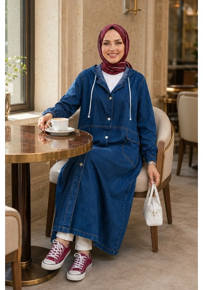 Hb Harma Time Butik Kadın Kapüşonlu Düğmeli Cepli Koyu Kot Mavi Kap Koyu Mavi