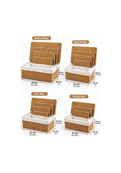 Qerhome 4'lü Kapaklı Hasır Kumaş Astarlı Rattan Organizer Sepet Trn603 Sarı
