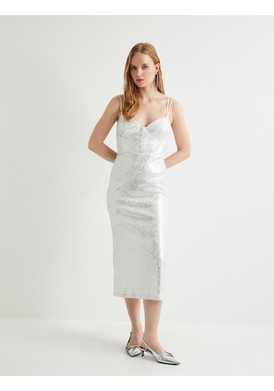 Koton Midi Askılı Abiye Elbise Bridal Kalp Yaka Metalik Varak Baskılı Kırık Beyaz 4sak80134fk Ekru