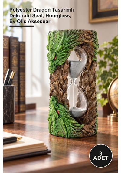 3 Adet Kum Saati Polyester Dragon Tasarımlı Dekoratif Saat, Hourglass, Ev Ofis Aksesuarı Sarı