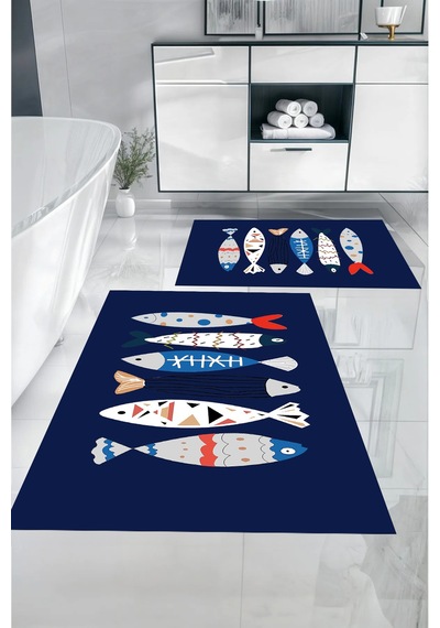 Buççin Online Mağaza Dijital Baskılı Yıkanabilir Renkli Balık Desenli Banyo Paspası Klozet Takımı Polyester Lacivert Çok Renkli
