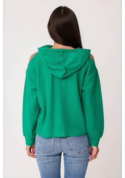 Vitrin Omuz Dekolteli Kanguru Cep Kapüşonlu Sweatshirt Yeşil