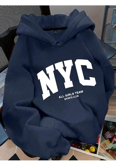 Josette Nyc Baskılı Kapüşonlu Oversize Sweatshirt Lacivert-sw