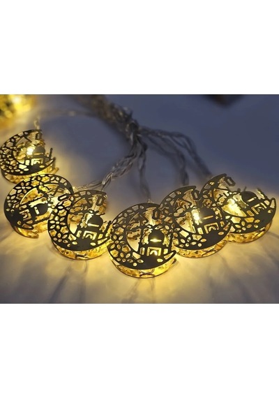 Ramazan Temalı Gün Işığı Renk 10 Plastik Ampullü Ay Hilal Fener Şeklinde Pilli Led Işık 2 Gold
